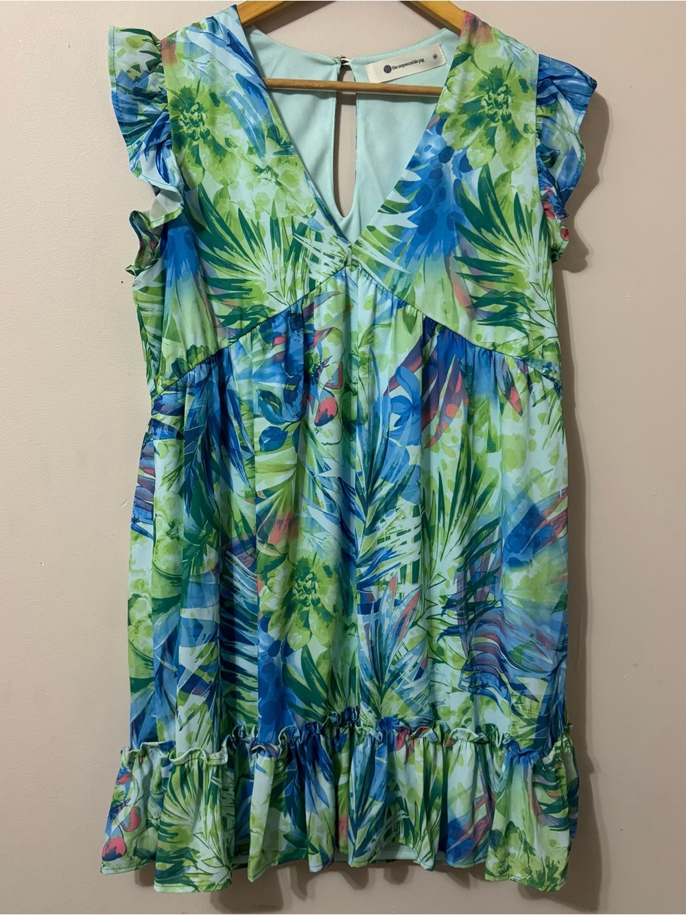 Anthro (M) impeccable pig green blue summer tropical boutique mini ruffle dress